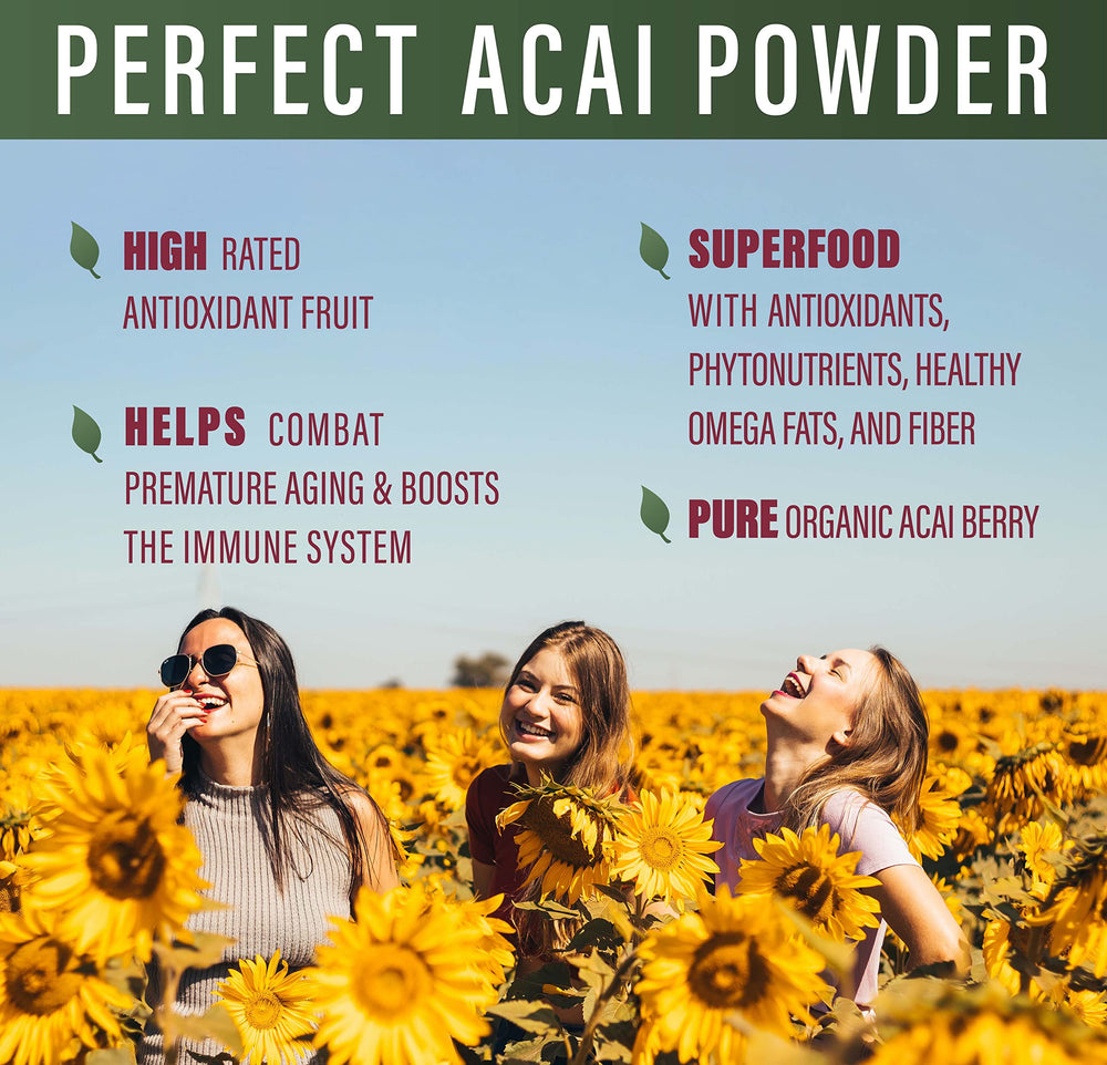 Perfect Supplements Acai Powder back-label lists ingredients and certifications.