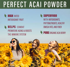 Perfect Supplements Acai Powder back-label lists ingredients and certifications.