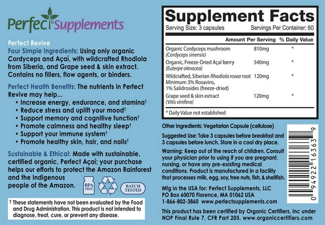 Perfect Supplements Perfect Acai Revive bottle pour shows antioxidant-rich blend supporting daily vitality.