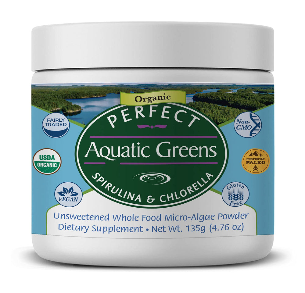 Perfect Supplements Aquatic Greens bottle shows organic spirulina and chlorella blend.