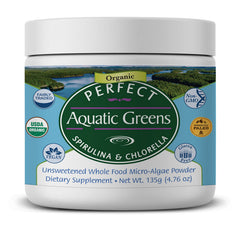 Perfect Supplements Aquatic Greens bottle shows organic spirulina and chlorella blend.