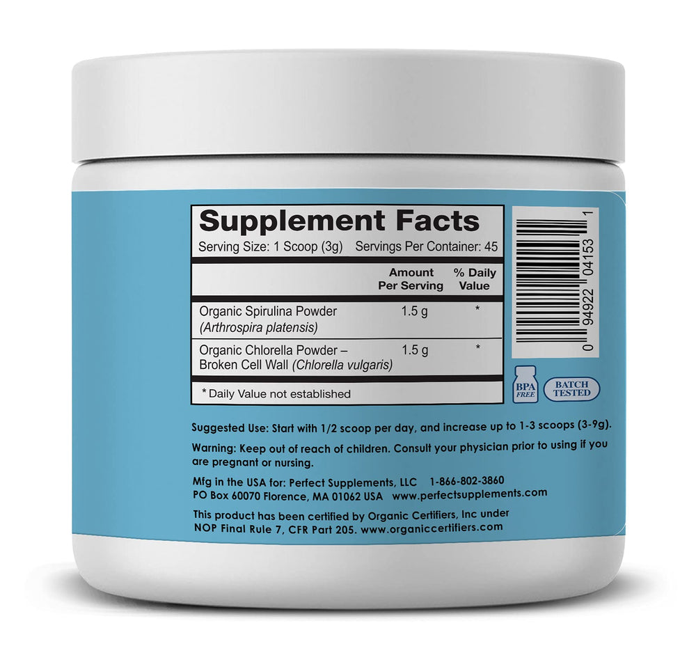Perfect Supplements Aquatic Greens spoon beside the jar for quick serving.