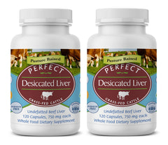 Perfect Supplements desiccated liver bottle showing pure beef liver capsules for natural protein and iron