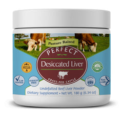Perfect Supplements desiccated liver powder packaging front for natural, protein-rich nutrition.