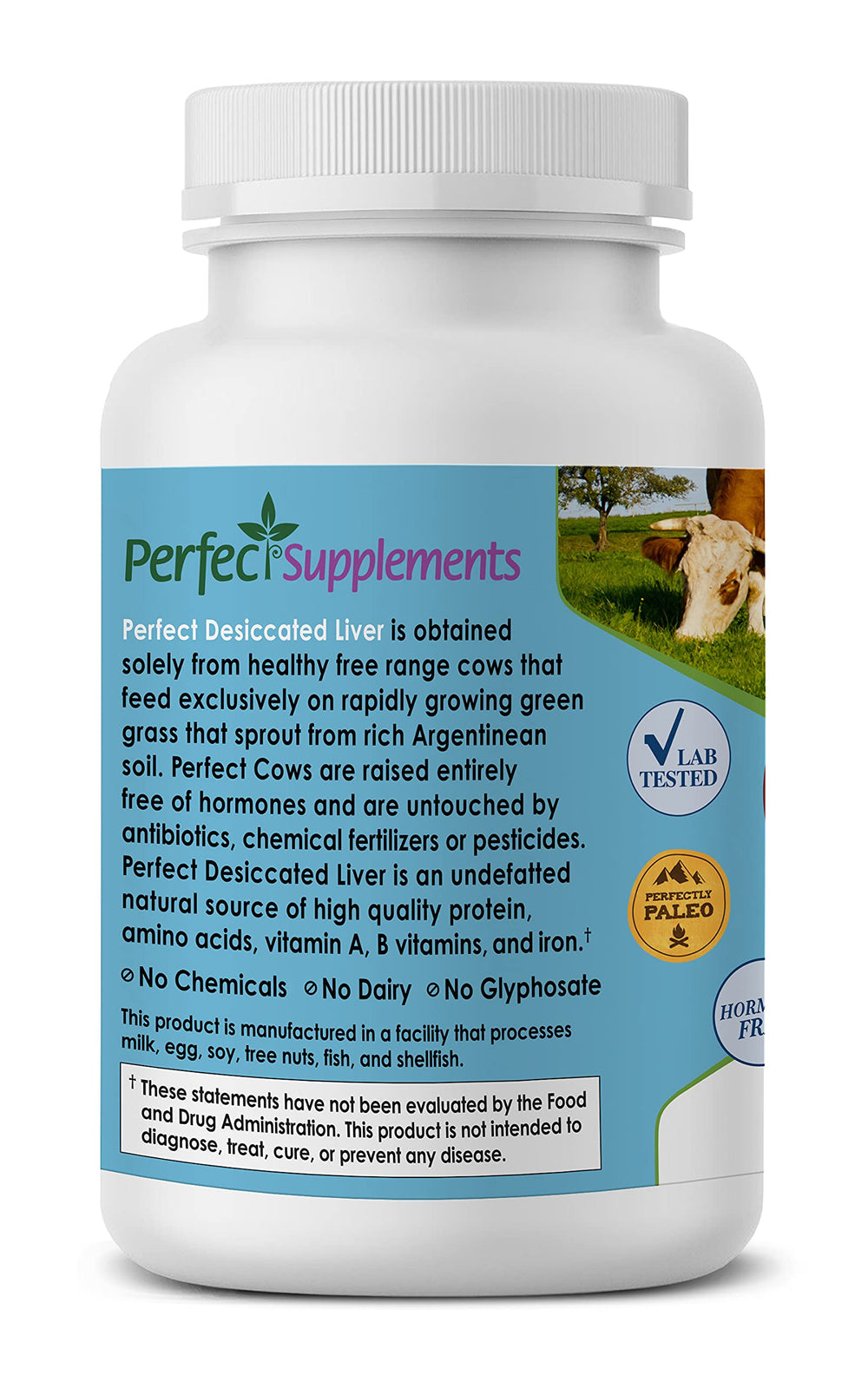 Perfect Supplements liver nutrition panel highlights protein and vitamins A and B with iron content