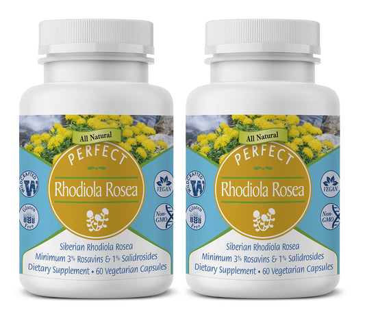 Perfect Supplements Rhodiola Rosea bottle front for potential energy support and daily focus.