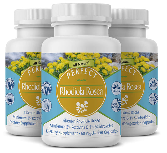 Perfect Supplements Rhodiola Rosea bottle supports energy and focus.
