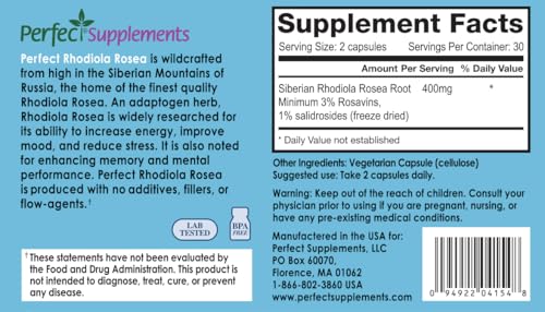Perfect Supplements Rhodiola Rosea capsules for daily performance.
