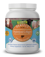 Perfect Supplements unflavored hydrolyzed collagen powder tub shows purity and easy mixability.
