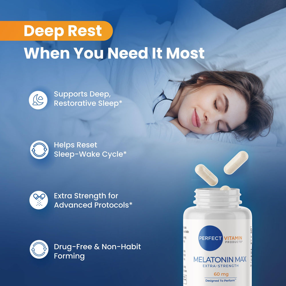 Perfect Vitamin Products 60mg melatonin capsule being swallowed for easy nightly use.