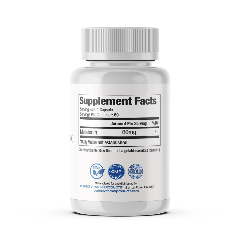Made in USA stamp on Perfect Vitamin melatonin 60mg bottle.