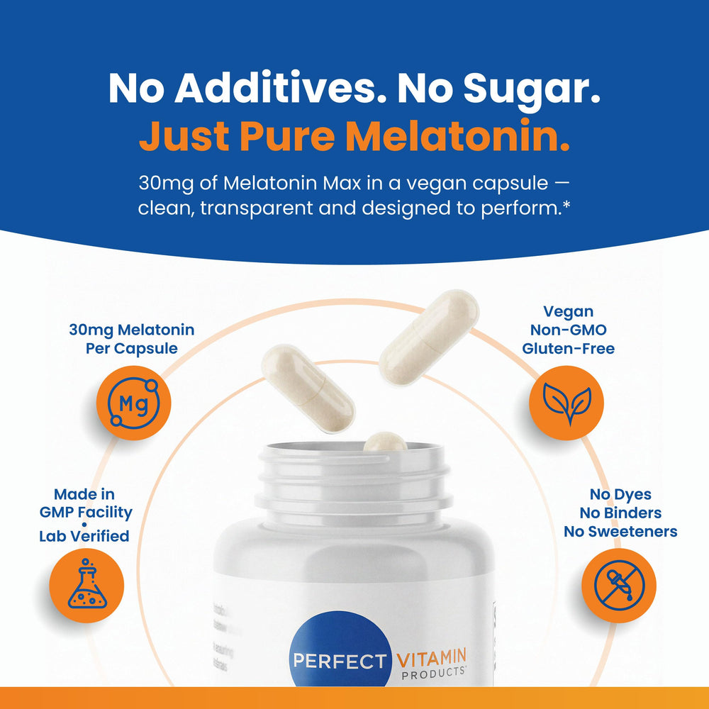 Label scan of Perfect Vitamin Products melatonin showing vegan and gluten-free branding.