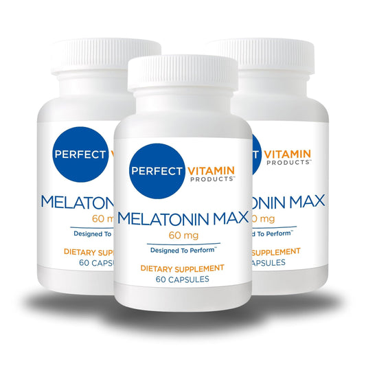 Perfect Vitamin Products Melatonin MAX 60mg bottle front supports a consistent nightly routine