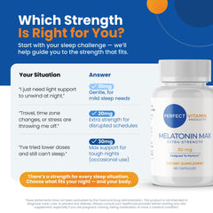 Vegan, non-GMO certification on Perfect Vitamin Products melatonin packaging emphasizing clean label.