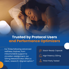 Vegan, non-GMO, gluten-free label on Melatonin Max bottle for clean choice.