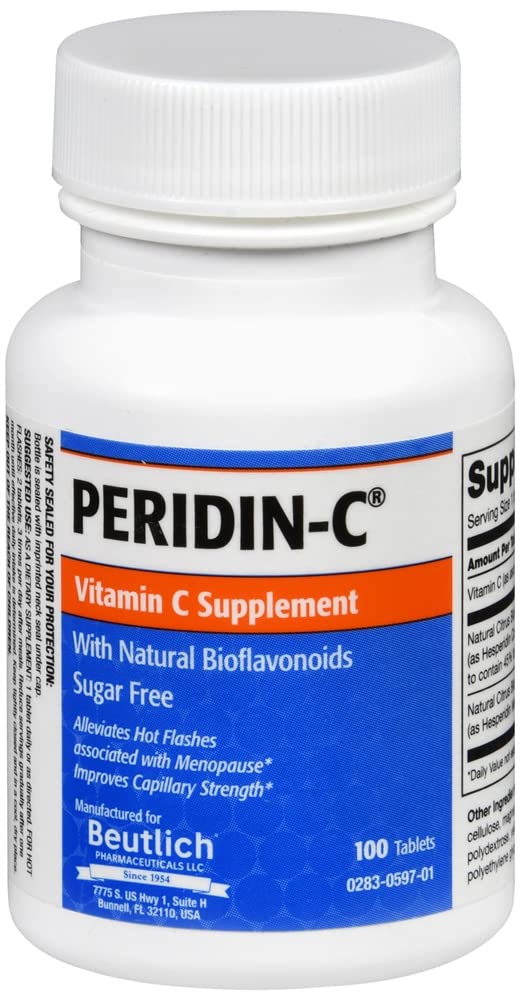 Peridin-C bottle front view with tablets for daily vitamin C support.