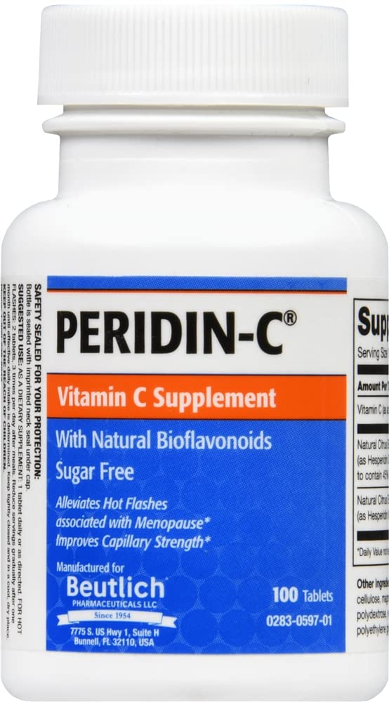 Close-up of Peridin-C tablets showing vitamin C and bioflavonoids for daily wellness.