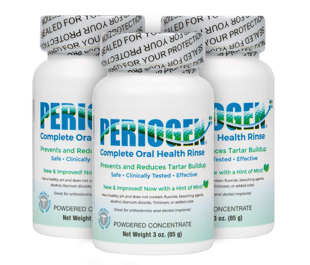 Periogen Hint of Mint 3-Pack bottle shown for tartar management with enamel-safe formula