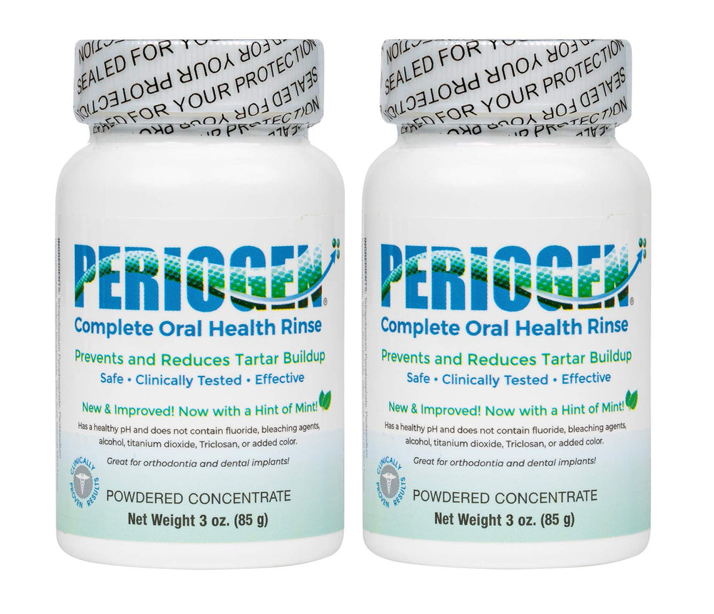 Periogen Hint of Mint bottle front simplifies daily rinsing.