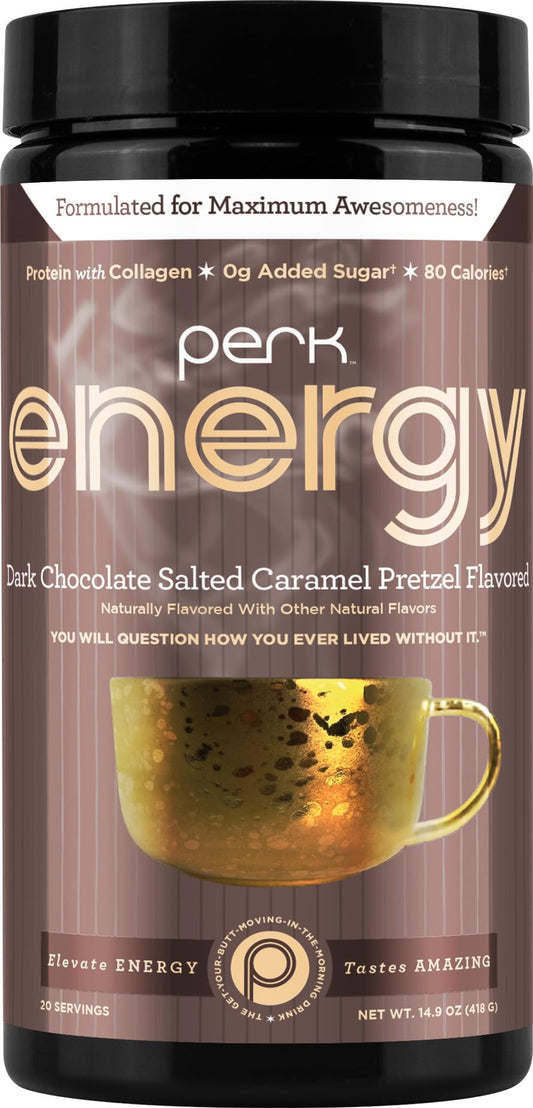 Perk Energy Drink Mix pour in a mug with rich chocolate caramel flavor and smooth texture.