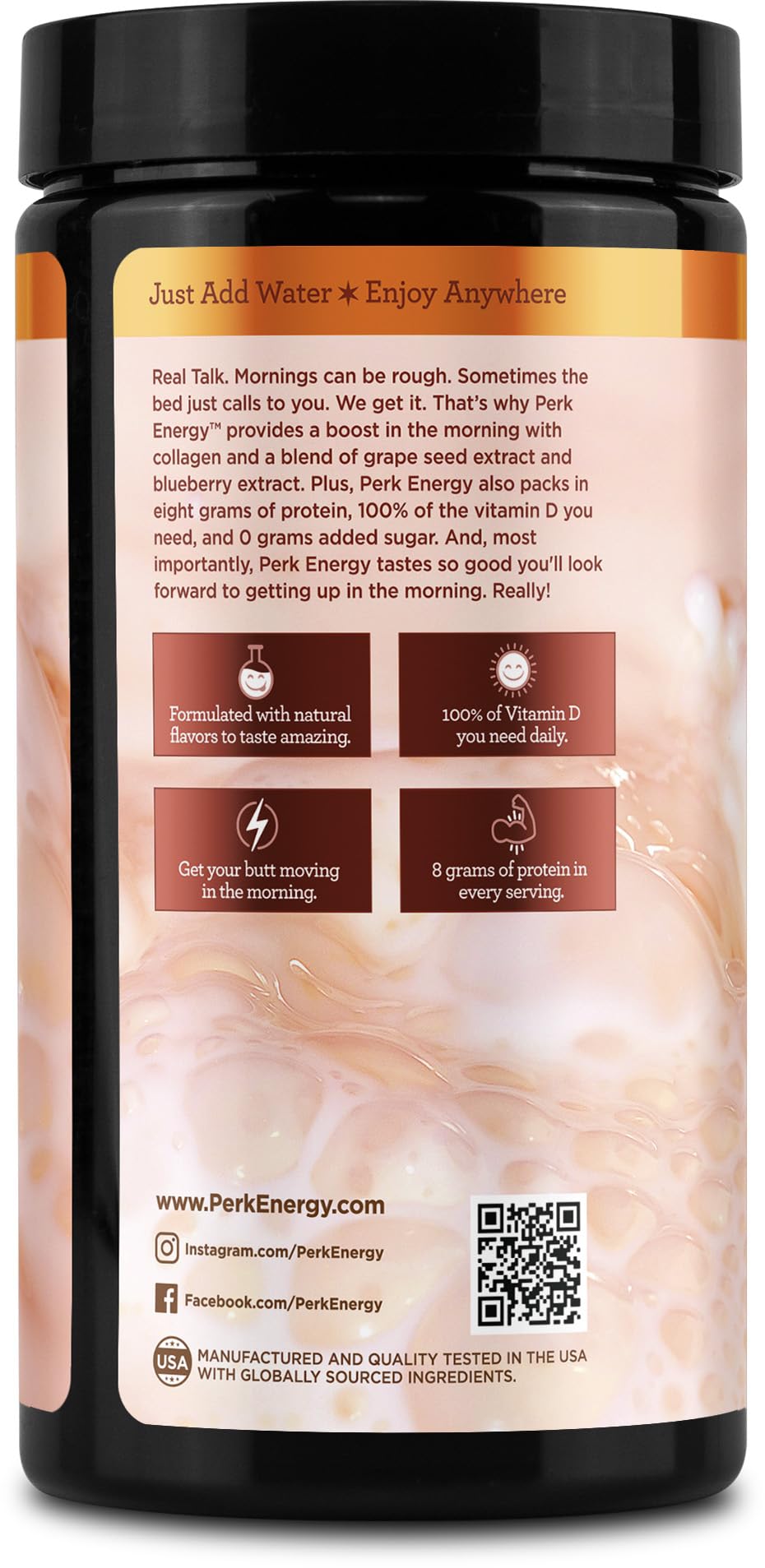 Perk Horchata gluten-free, soy-free, peanut-free packaging stands for dietary inclusion