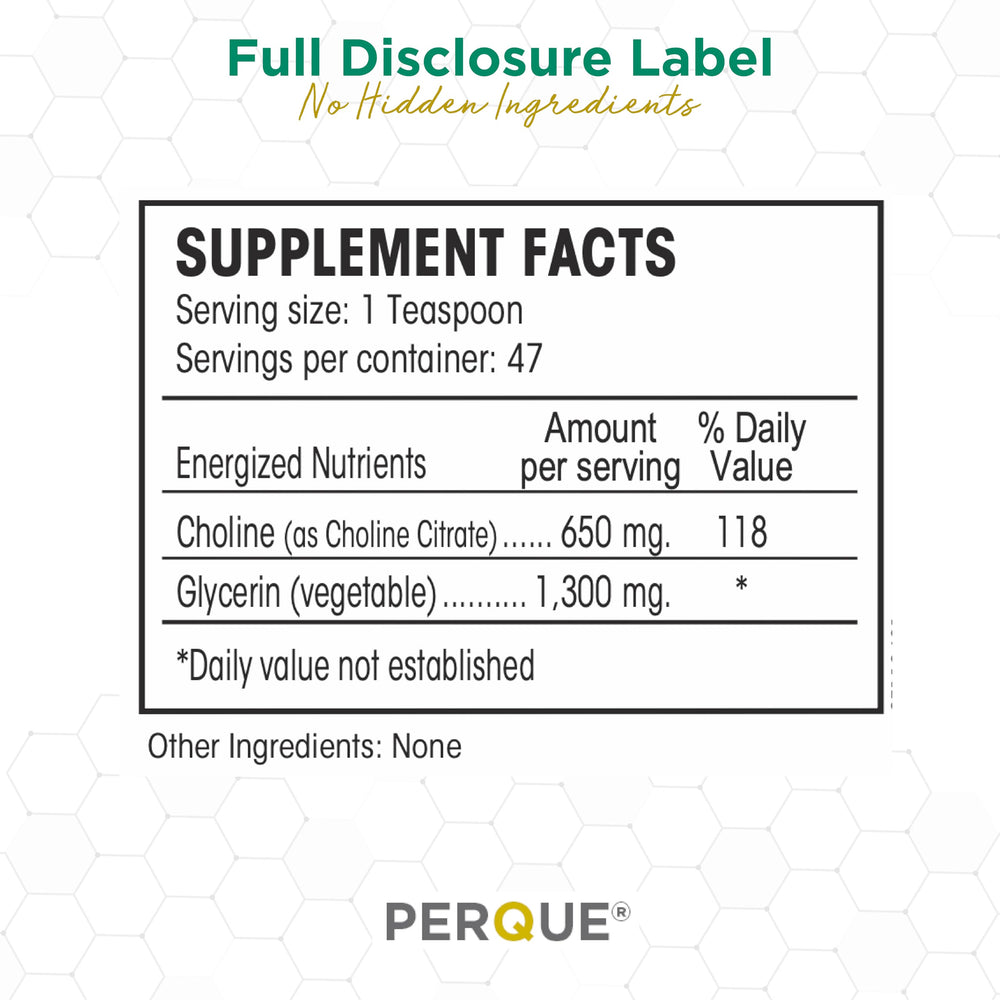 PERQUE Choline Citrate packaging showcases contaminant-free liquid formula.