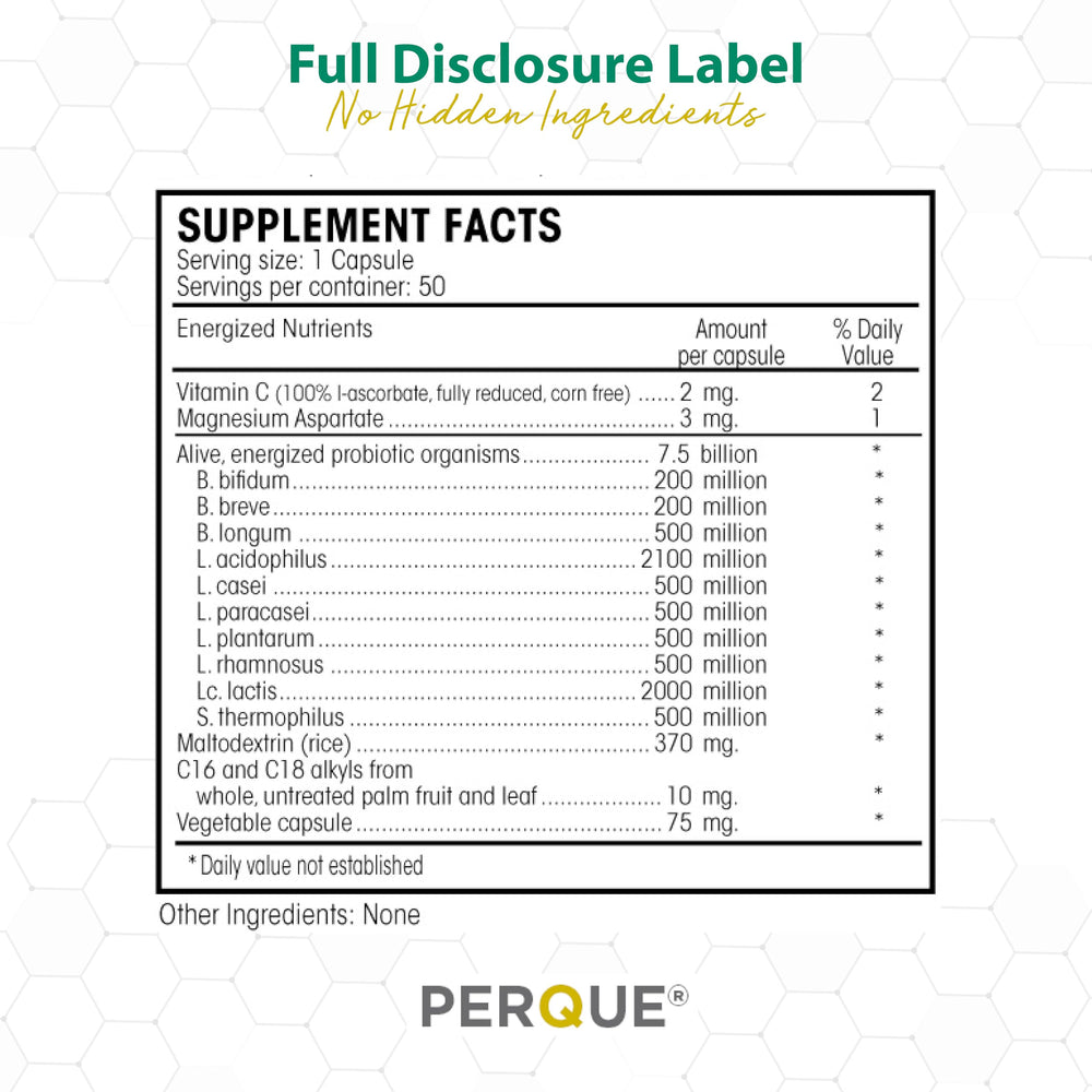 PERQUE Digesta Guard Forte ingredient panel with vitamins and probiotics