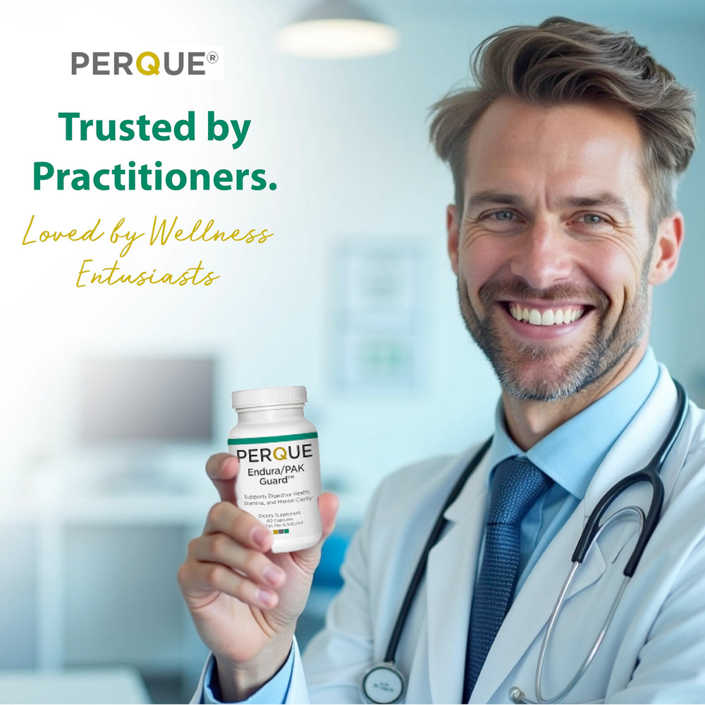 PERQUE Endura/Pak Guard label highlights purity and gluten-free vegetarian formula