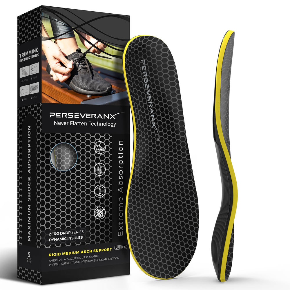 PerseveranX plantar fasciitis insoles with shock-absorption foam for active steps.