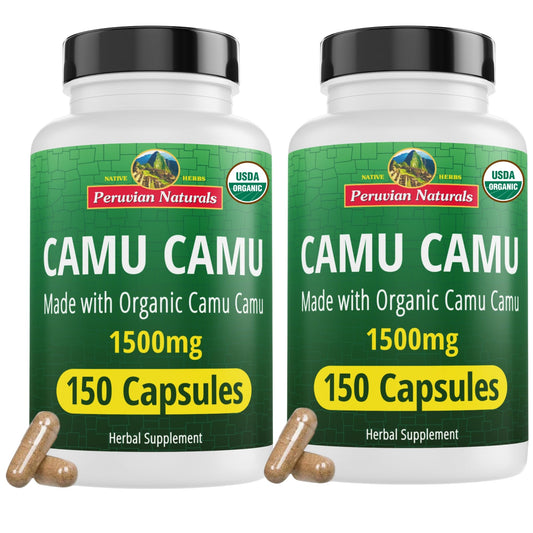 Peruvian Naturals Camu Camu capsules bottle front, vegan vitamin C support for daily wellness.