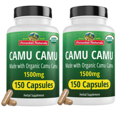 Peruvian Naturals Camu Camu capsules bottle front, vegan vitamin C support for daily wellness.