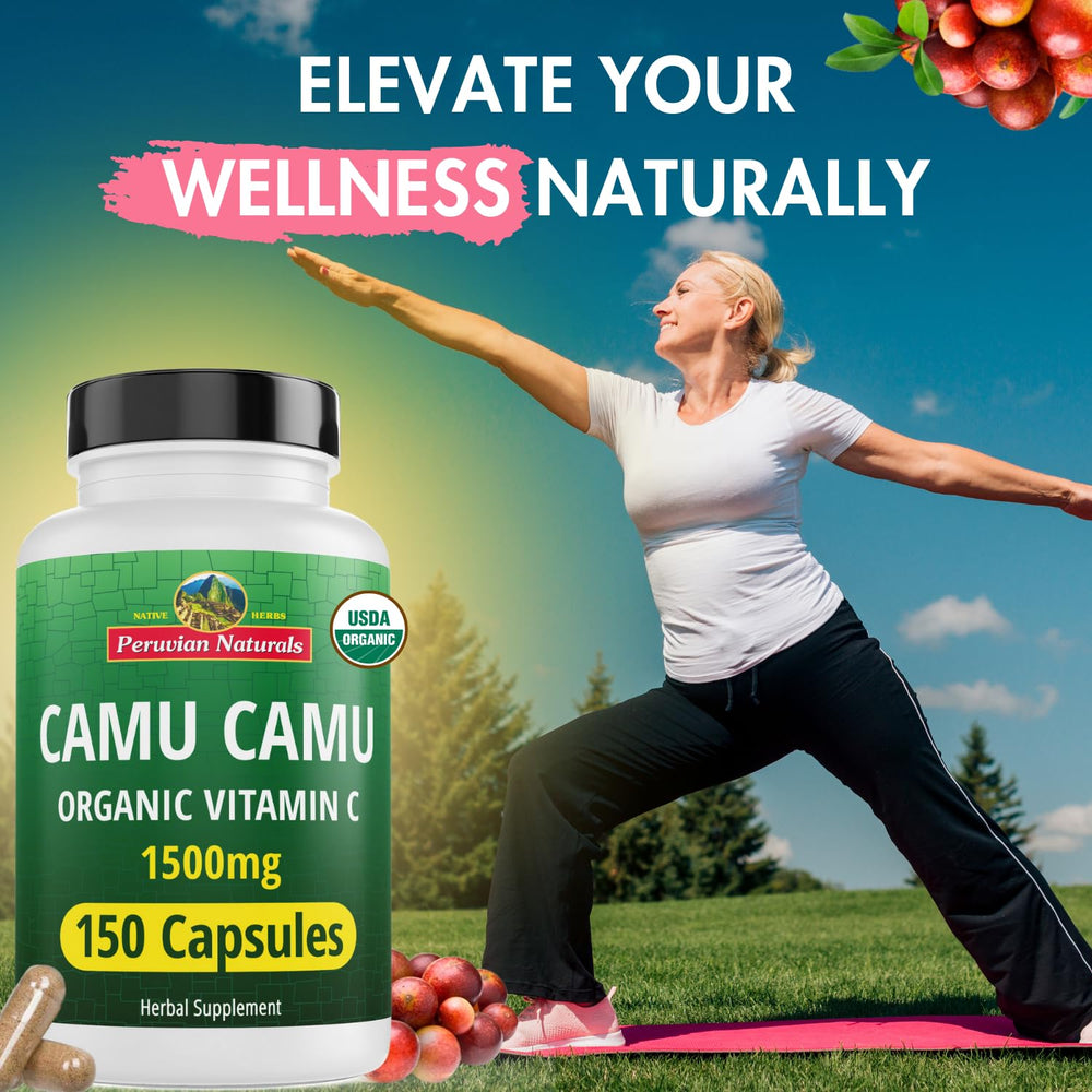 Close-up of Peruvian Naturals Camu Camu capsules, easy-to-swallow vegan capsules.