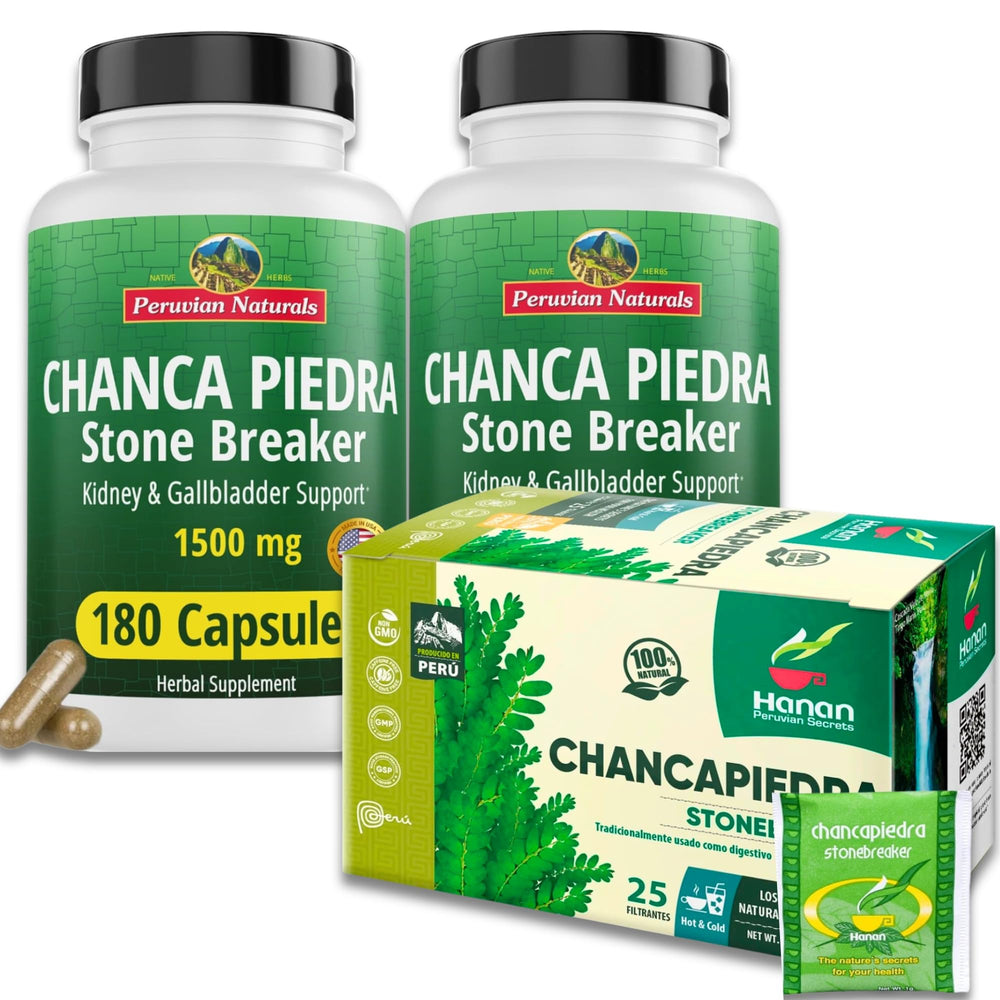 Peruvian Naturals Chanca Piedra capsules bottle on kitchen counter for daily wellness routine.