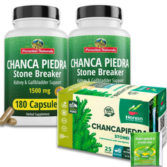Peruvian Naturals Chanca Piedra capsules bottle on kitchen counter for daily wellness routine.