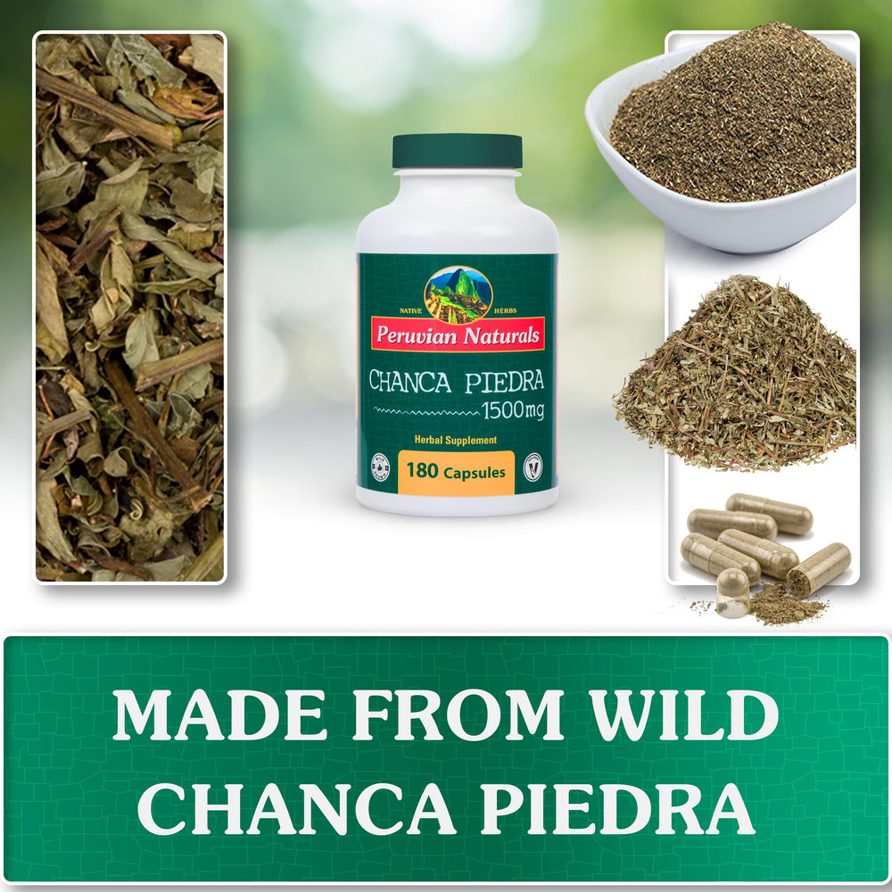 Peruvian Naturals Chanca Piedra capsules closeup on clear label highlighting natural ingredients.