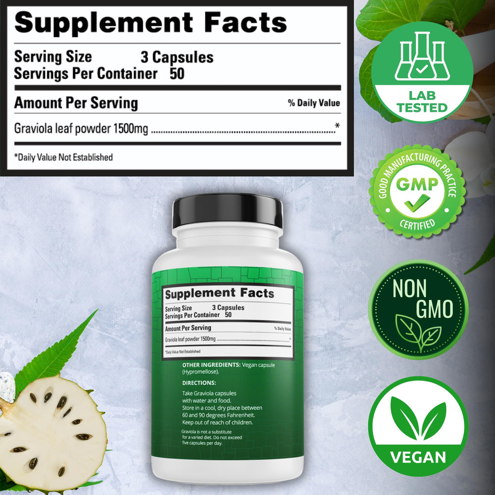 Peruvian Naturals Graviola capsules ingredient panel highlights pure graviola extract