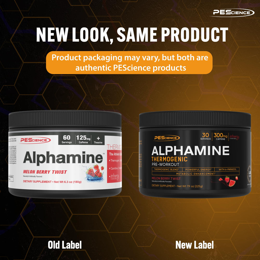 PEScience Alphamine scoop and bottle displaying long-lasting servings.
