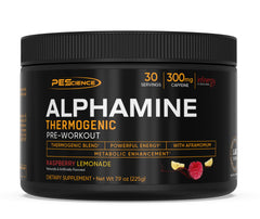 PEScience Alphamine thermogenic tub for quick, clean energy before training.
