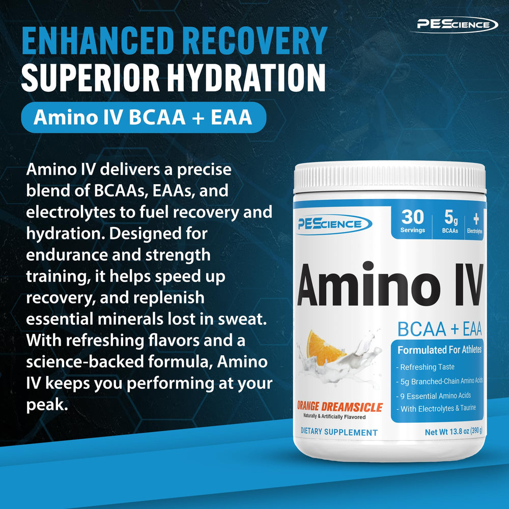 Measuring scoop beside PEScience Amino IV to portion servings precisely