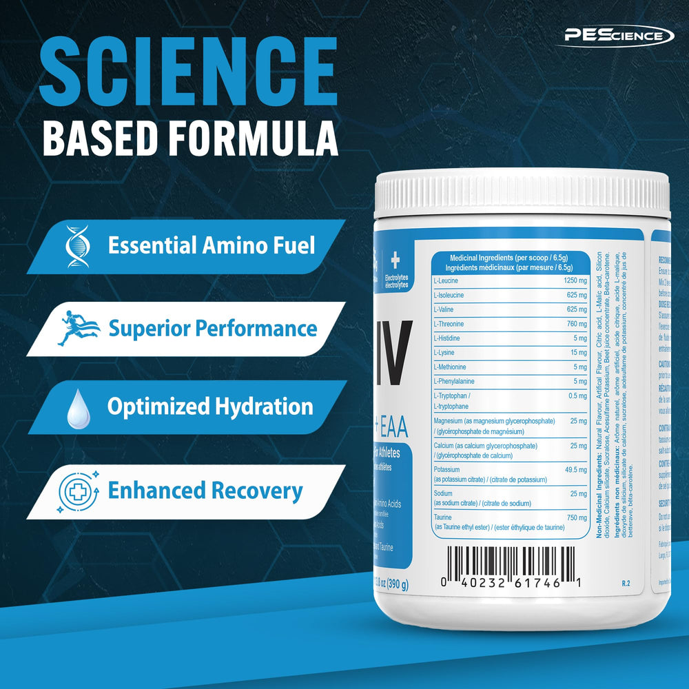 Scoop of PEScience Amino IV powder for fast-absorbing BCAA and EAA support