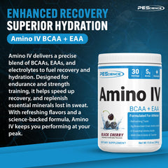 PEScience Amino IV Black Cherry powder ready for mixing