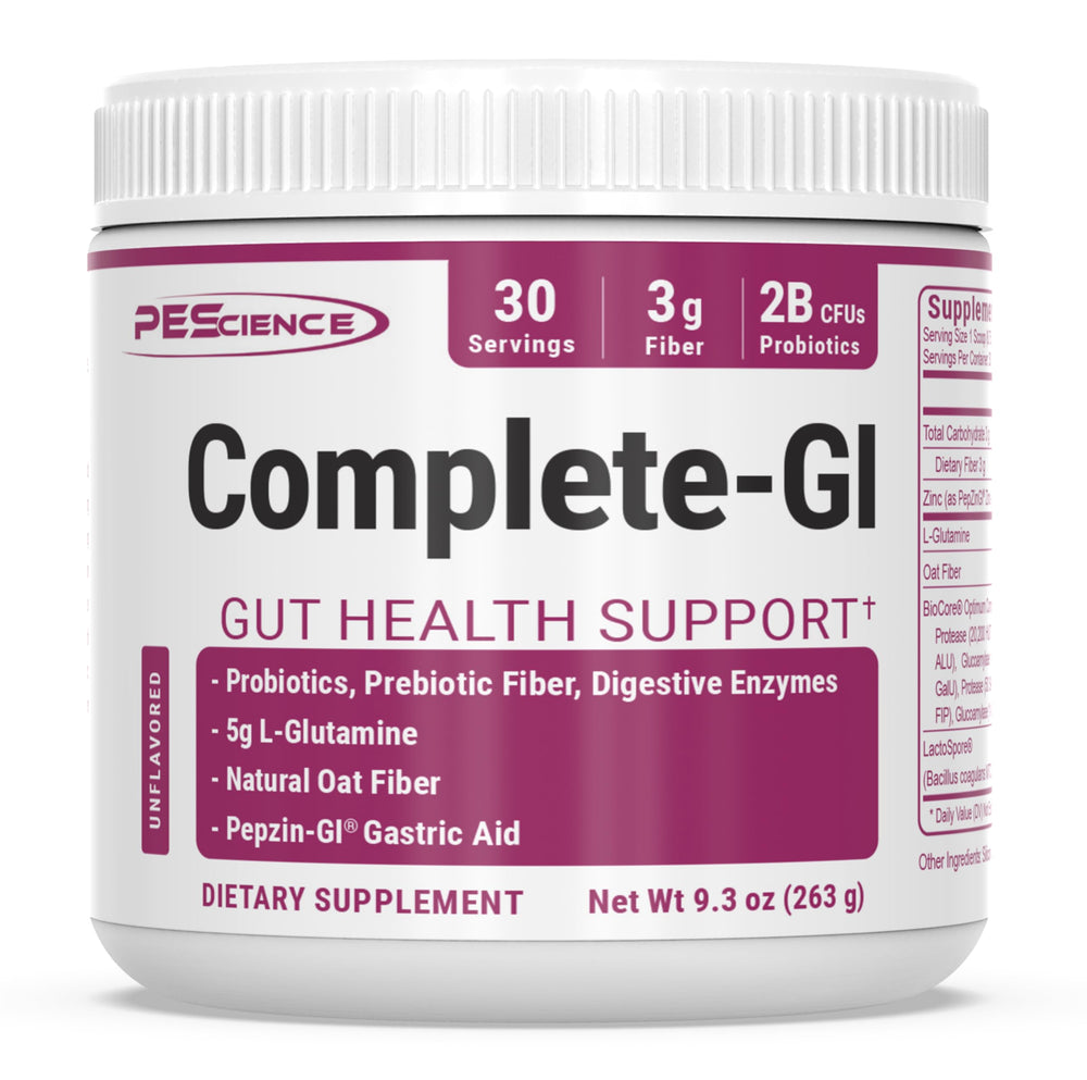 PEScience Complete-GI bottle closeup showing shelf-stable probiotic for gut support.