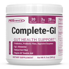 PEScience Complete-GI bottle closeup showing shelf-stable probiotic for gut support.