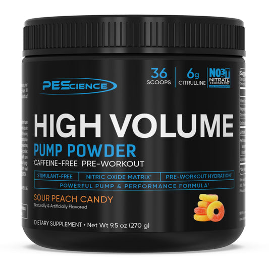 PEScience High Volume bottle front view highlighting the non-stim pump formula.