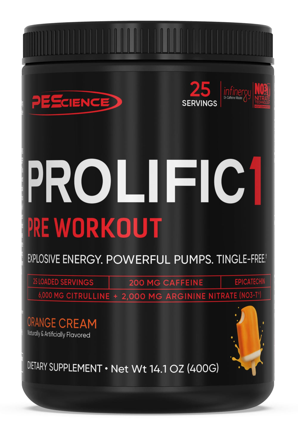 PEScience Prolific-1 tub closeup shows energy-boosting formula.