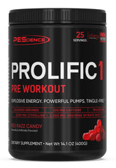 PEScience Prolific-1 tub front shows a one-scoop pre-workout for energy and focus