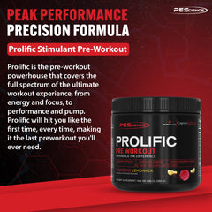 PEScience Prolific bottle label highlights no beta alanine formulation.