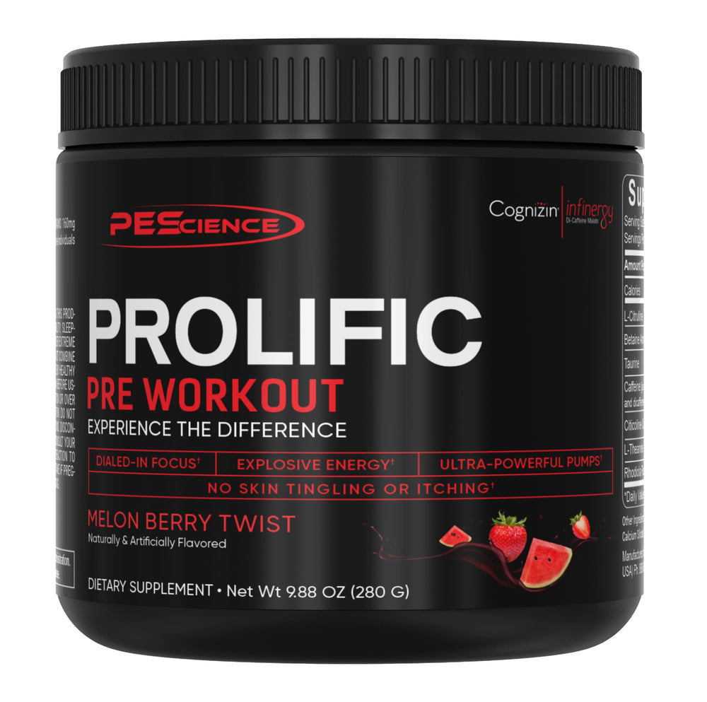 PEScience Prolific canister label showing branding and flavor Melon Berry Twist for a premium pre-workout choice