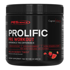 PEScience Prolific canister label showing branding and flavor Melon Berry Twist for a premium pre-workout choice