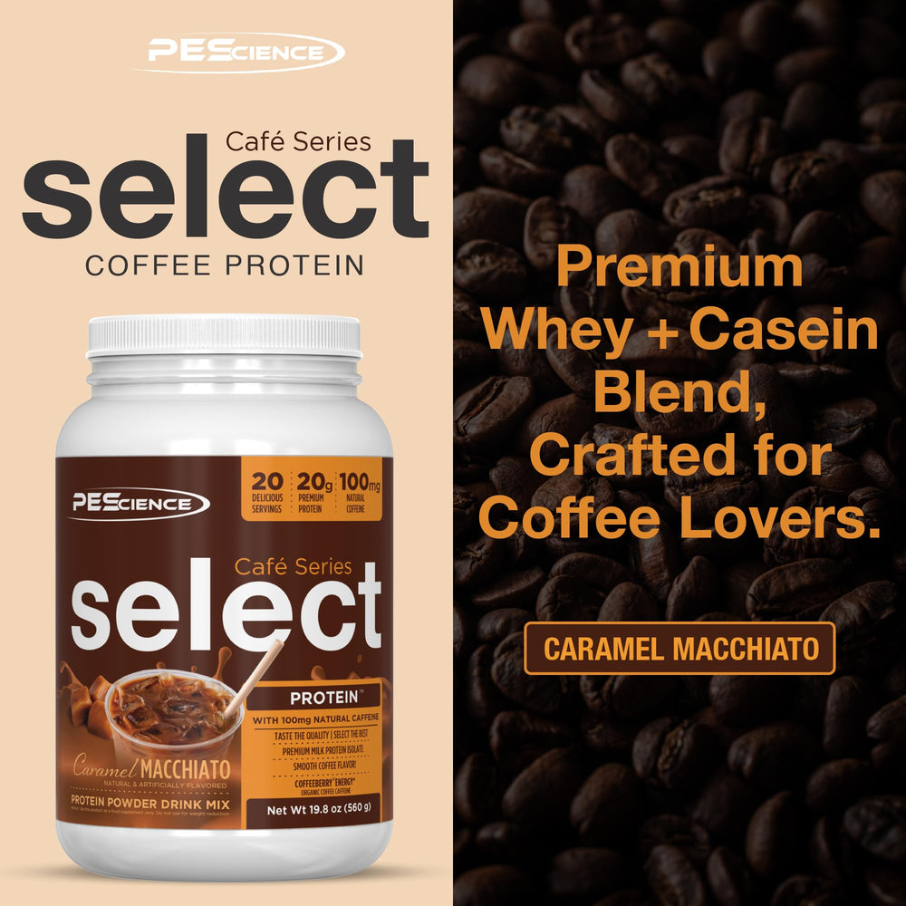 PEScience Select Cafe tub back highlighting nutrition and caffeine per scoop.